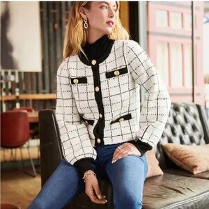 Express Women’s Plaid Novelty Black and White Window Pane Cardigan Sweater Sz M